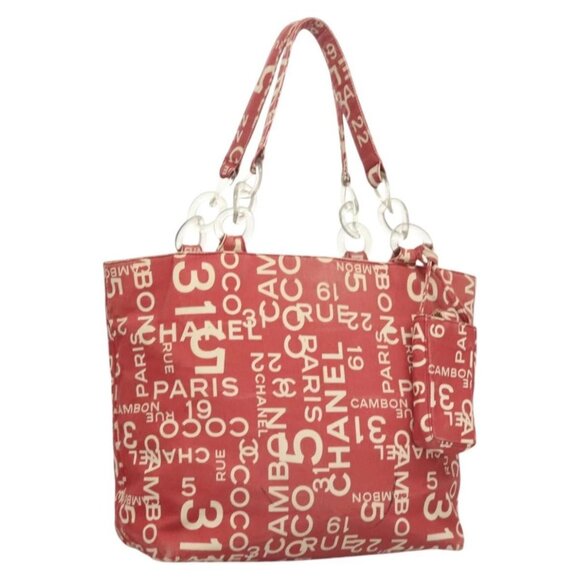 CHANEL Chain Bicy line Tote Bag Canvas Red CC - Picture 1 of 16